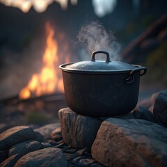 Outdoor cooking pot steaming beside a campfire on a rocky ledge in the wilderness