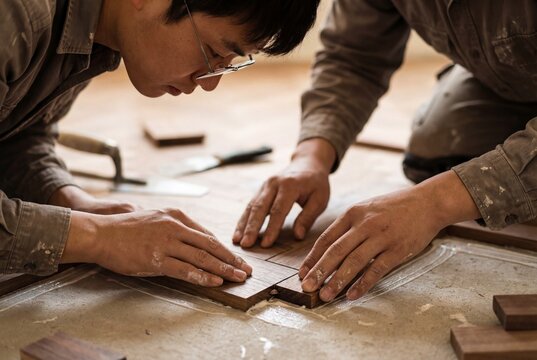 Senior Experienced Carpenter Carefully Inspecting New Hardwood Floor Installation Quality