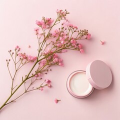 Delicate pink baby's breath sprig and open cream jar on soft pink surface