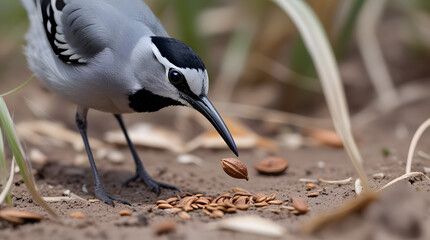 Close-Up Follow Shot of Ground-Dwelling Trumpeter Bird with Gray Plumage and Long Black Beak Picking and Dropping Seed, Detailed Facial Features, Soft Blurred Natural Background, Wildlife Behavior Pho