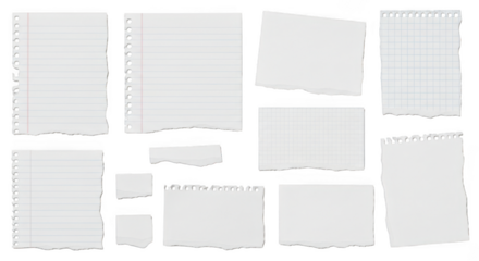 Collection of torn notebook paper pieces isolated on transparent background