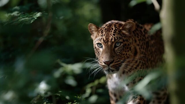 Majestic wild leopard prowling through lush green jungle habitat with stealth and grace