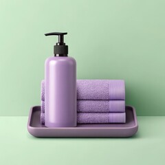 Soothing lavender dispenser and stacked towels on a tray presenting a calm bathroom or spa aesthetic