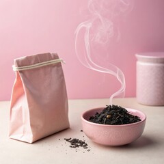 A light pink pouch sits to the left of a small bowl filled with dark loose tea leaves and delicate steam rising