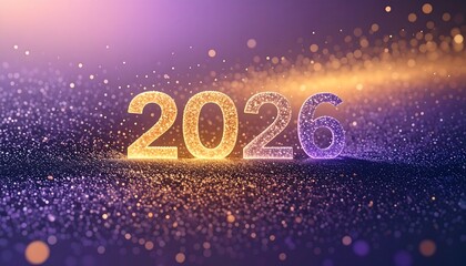 Glowing 2026 typography made of golden and purple radiant particles floating in a field of shimmering stardust
