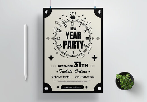 New Year Party Poster Vintage Clock Countdown Invitation Design Layout