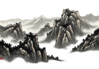 traditional japanese sumi-e ink wash painting of a minimalist, snow-capped mountain range rendered in black ink on textured paper, concept of deep spiritual quietude.