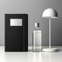 Minimalist scene with black notebook clear bottle and modern white lamp on table