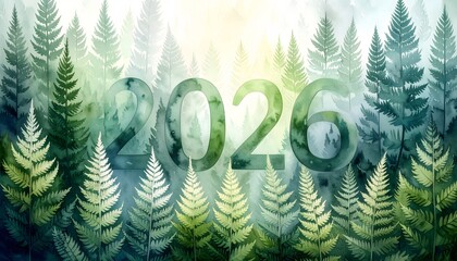 Year 2026 in elegant green watercolor typography blended into a misty forest landscape of fern leaves
