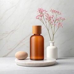 Minimalist amber glass bottle with dried flowers and smooth stone on marble surface serene aesthetic