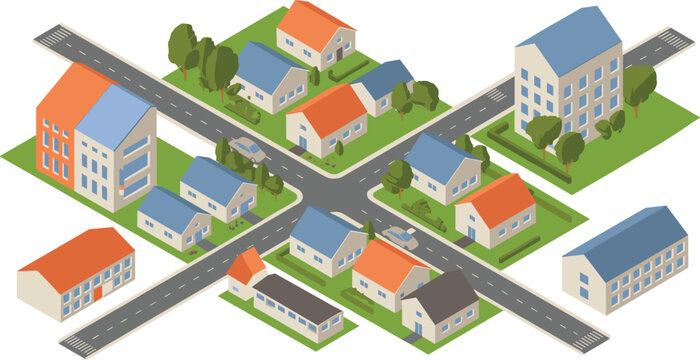 Isometric illustration of suburban neighborhood city block, residential houses roads urban planning real estate community vector concept