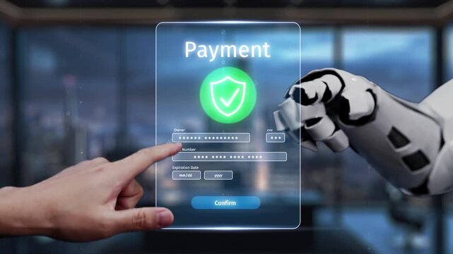 A futuristic digital payment interface showcases a human hand interacting with a robotic arm, emphasizing security and innovation in financial transactions within a sleek office environment. Auvana