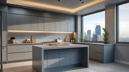 3D Rendering of Modern Grey Loft Kitchen Interior with Sleek Cabinets, Granite Countertop, Central Island, Stainless Steel Appliances, Minimalist Contemporary Design, Soft Natural Lighting and City Sk
