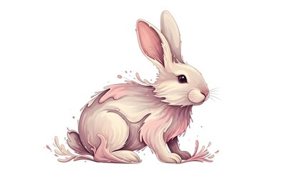 Fototapeta premium Whimsical watercolor illustration featuring a beautiful white and pink bunny rabbit with expressive dark eyes sitting calmly amidst abstract liquid splashes perfect for spring or easter design project