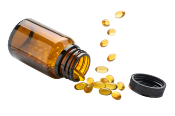 Medicine bottle filled with pills isolated on a white background representing healthcare and medication