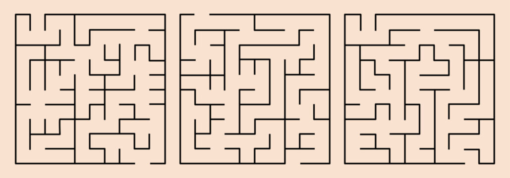 square maze puzzles. Illustration for children's activity books, adult relaxation coloring pages, and graphic design projects.Vector illustration