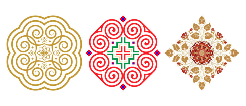 A collection of three Japanese  traditional ethnic decorative patterns featuring swirls and floral motifs