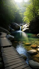 Serene Forest Trail Leading to Crystal Clear Waterfall