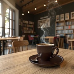 Aromatic hot coffee in a dark brown cup steams on a rustic wooden table in a cozy cafe
