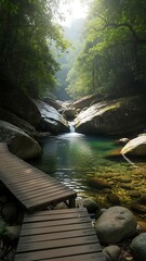 Serene Forest Waterfall with Wooden Bridge Nature Trail