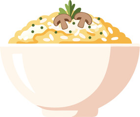 Warm bowl of creamy mushroom risotto with fresh herbs and grains, perfect for menus, recipe blogs, restaurant branding, and food packaging designs