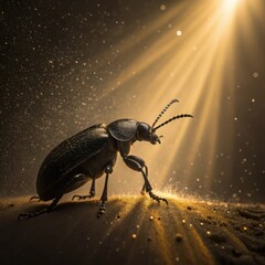 Close-up of a shiny iridescent beetle with prominent antennae illuminated by dramatic golden sunbeams.