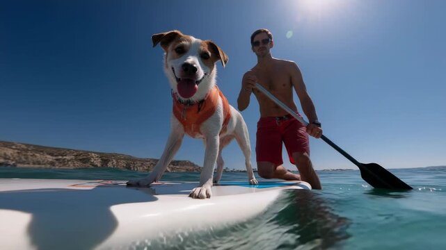 Dog and person enjoying wakeboarding at the beach on a sunny day