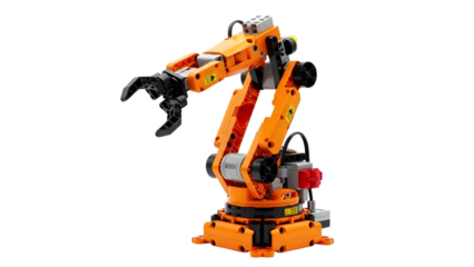 Orange robotic arm with black claw and gray motor on a black base isolated on a transparent background