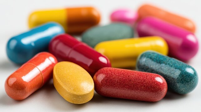 Bright assortment of pills and capsules for health and medicine visuals - Powered by Adobe