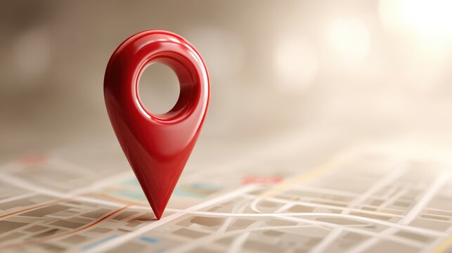 Bright red location pin icon perched on a simplified map with soft shadows - Powered by Adobe