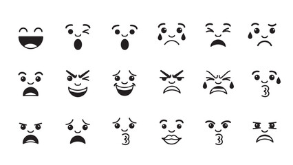 Obraz premium Collection of simple black and white emoji faces showing various emotions isolated on a white background.