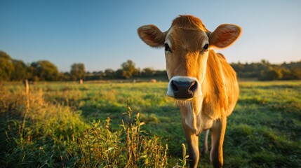 Calm farm animal in golden hour light on pasture