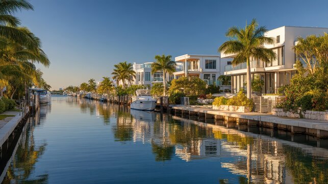 Calm canal view with palm-lined homes and luxury residences in a coastal neighborhood