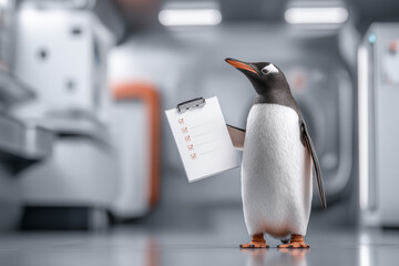 Cute penguin holding clipboard with checklist in modern industrial setting