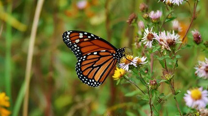 Fototapeta premium Monarch butterfly feeding on a pink aster flower in a natural garden setting