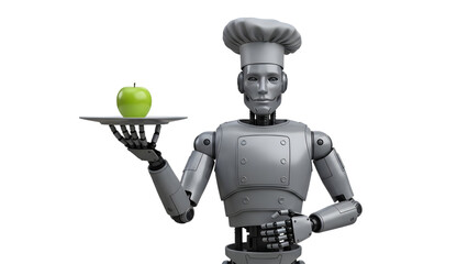 Fototapeta premium Robot chef wearing a white hat holding a green apple on a silver tray isolated on a transparent background