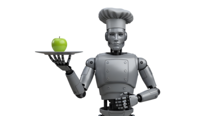 Robot chef wearing a white hat holding a green apple on a silver tray isolated on a transparent background