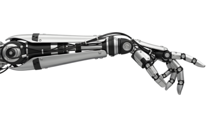 Robotic arm with metallic fingers and joints in a detailed mechanical isolated on a transparent background