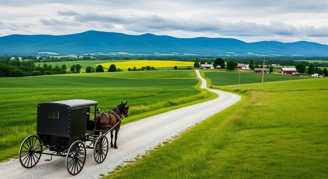 A horse-drawn buggy on a gravel road through green fields with red barns in a hilly landscape.