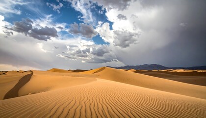 Vast desert landscape with undulating sand dunes under dramatic cloudy skies, revealing mountains in the distance