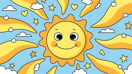Cartoon sun illustration smiling face with rays and stars