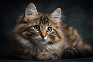 Obraz premium luxury pet portrait, fluffy kitten, dark background, studio lighting, premium stock look