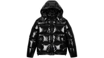 Shiny black puffer jacket with hood and zipper isolated on a transparent background reflective