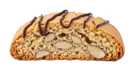 Almond biscotti cookie with chocolate drizzle on black background image