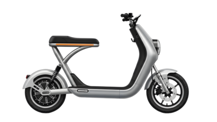 Sleek silver electric scooter with black seat and orange accent stripe isolated on a transparent background