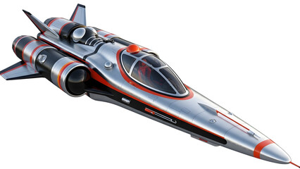 Sleek futuristic silver and red spaceship with cockpit and detailed isolated on a transparent background