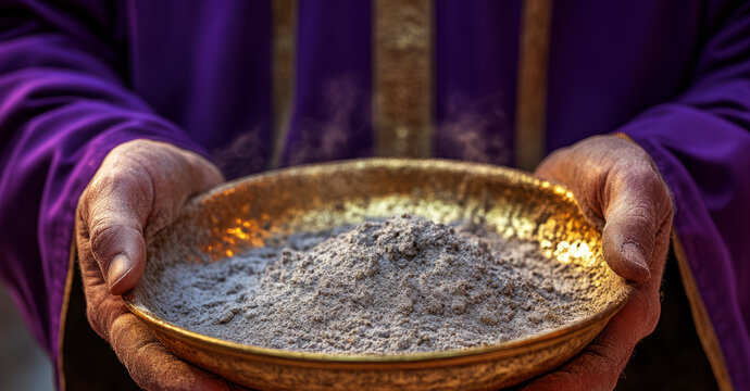 catholic priest holding a golden plate with ash during the ash wednesday ritual