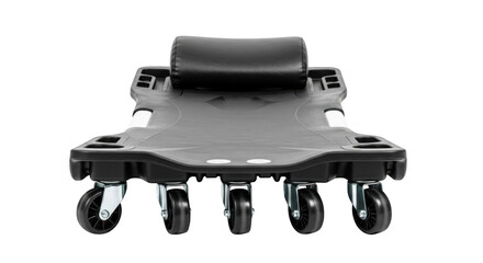 Black mechanic creeper with padded headrest and six wheels on black background garage workshop