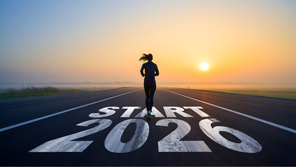 A runner is silhouetted on a road with "START 2026" written on it, heading towards a hopeful sunrise.