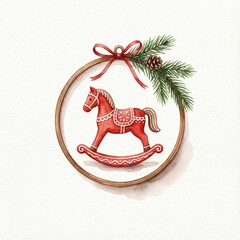 Watercolor illustration of a red rocking horse Christmas ornament, framed with a wooden circle, decorated with pine branches, a pine cone, and a red ribbon